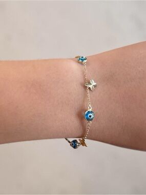 10K Gold Chain Bracelet with Blue Evil Eye